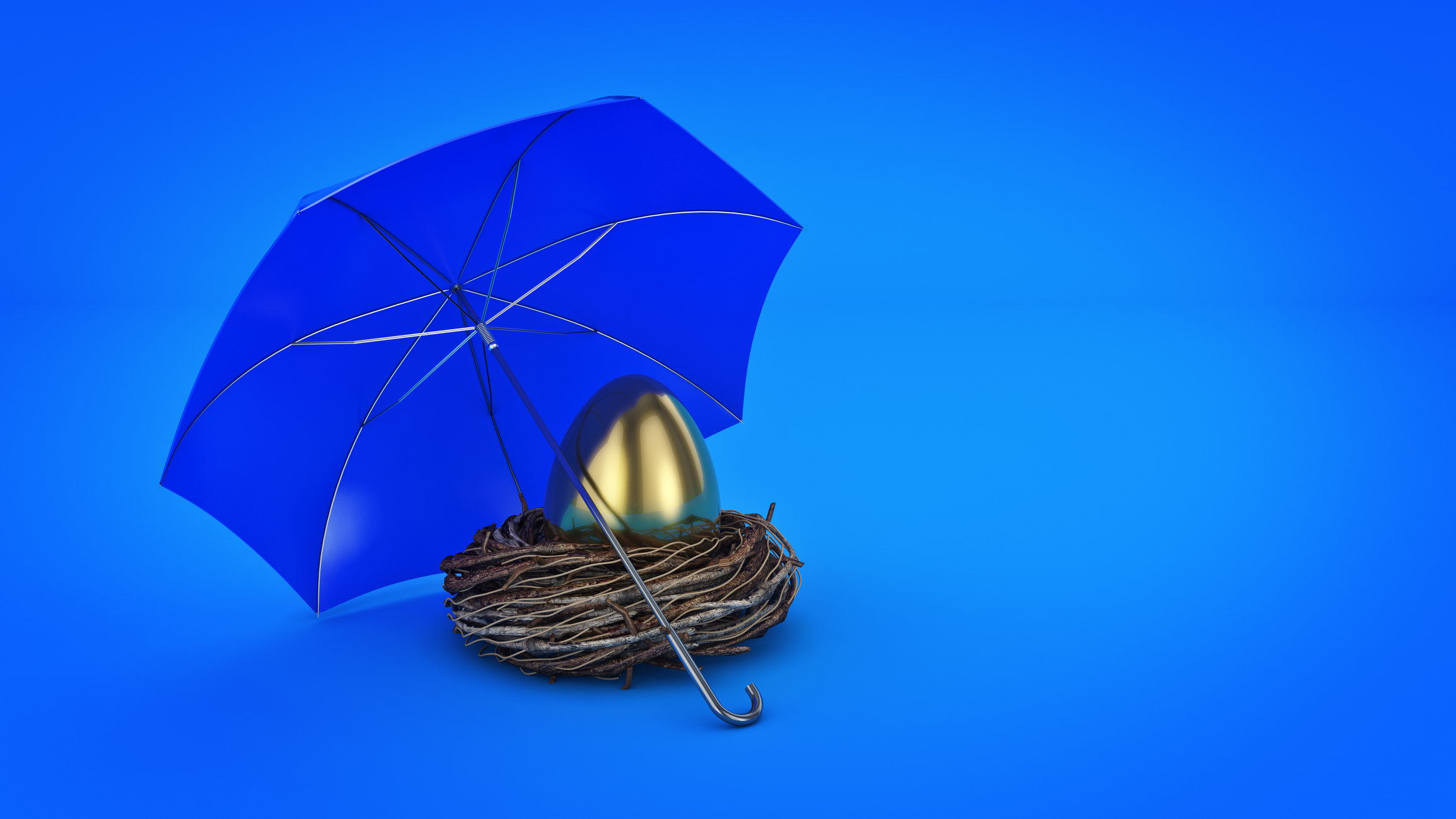 Golden nest egg with a blue umbrella