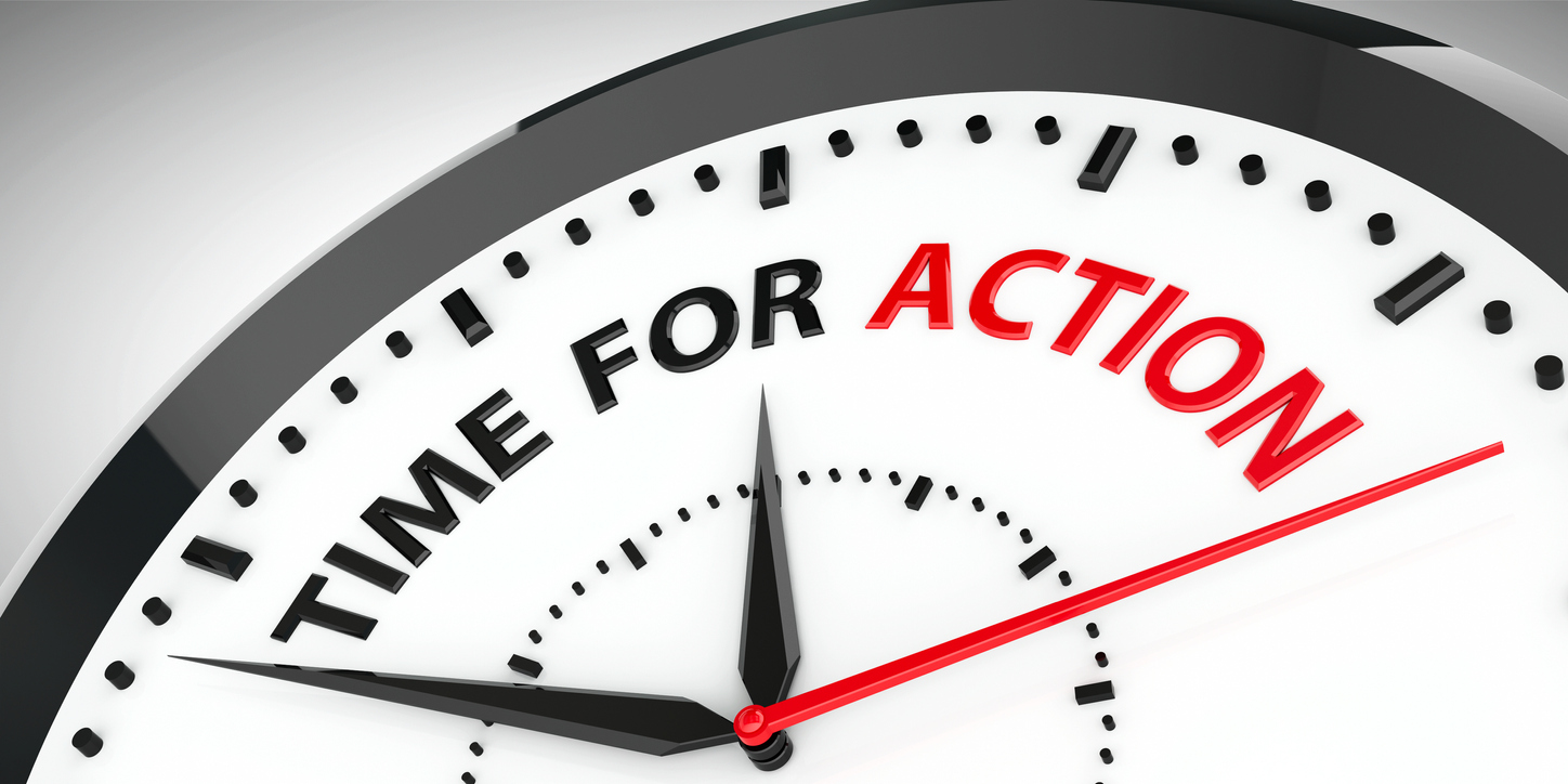 Clock with the words 'time for action'