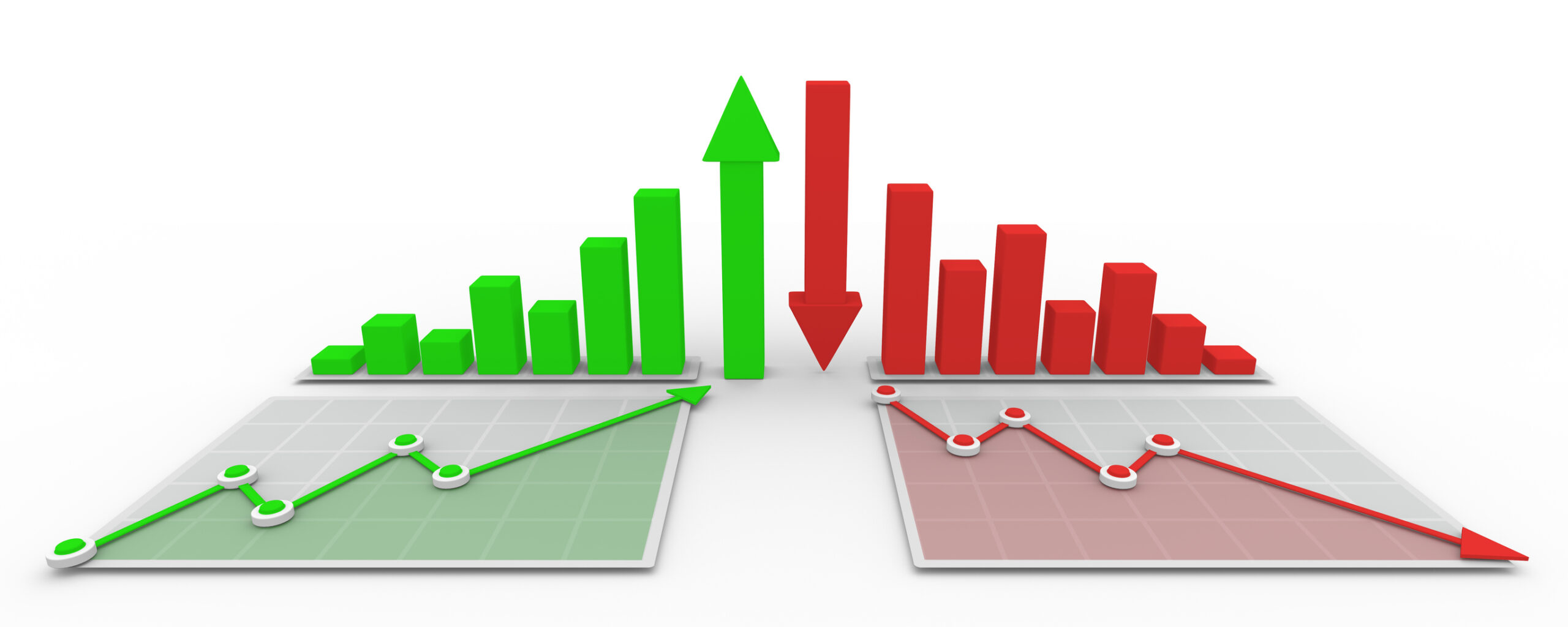 Profit and debt illustrated with green and red graphs