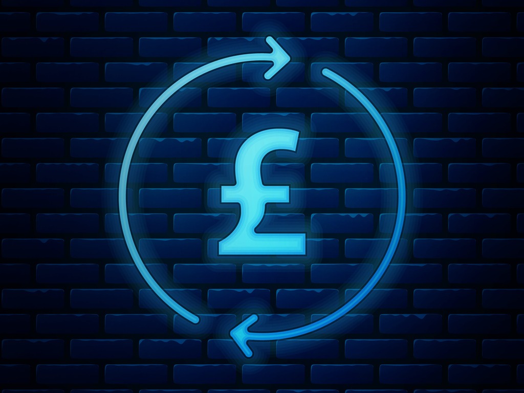 Glowing neon coin money with pound sterling symbol