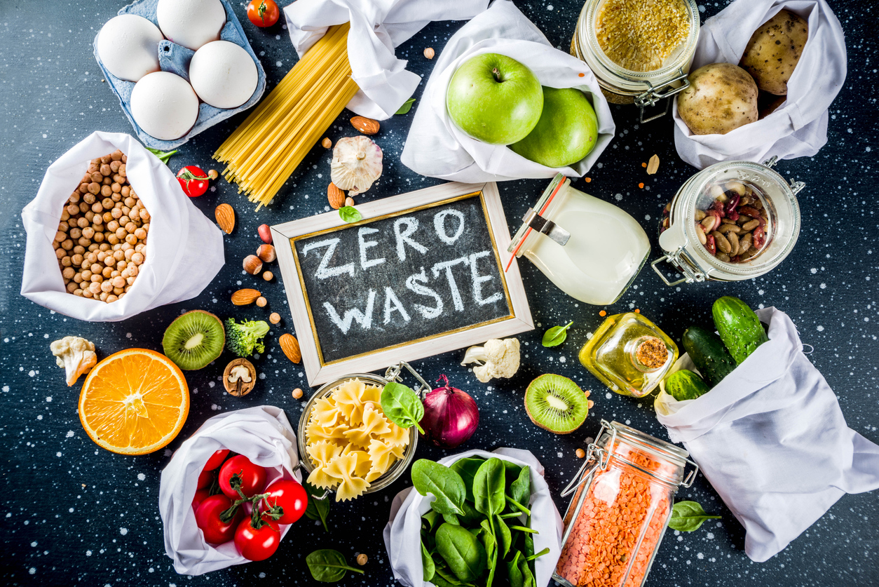 Zero waste sign surrounded by grocery items
